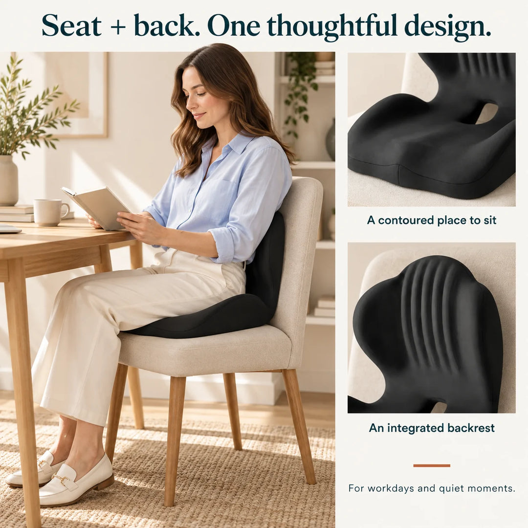 Everyday reading scene showing the contoured seat and integrated backrest.