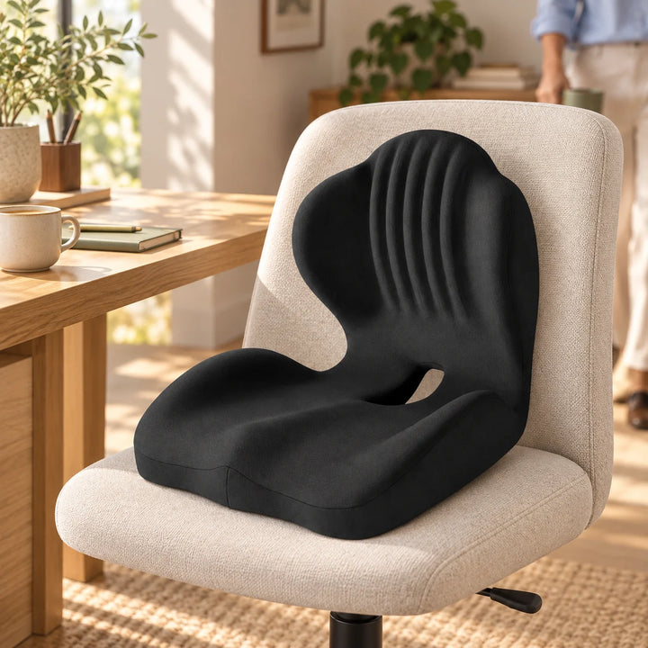Black Easevora seat-and-back cushion in a warm workspace.