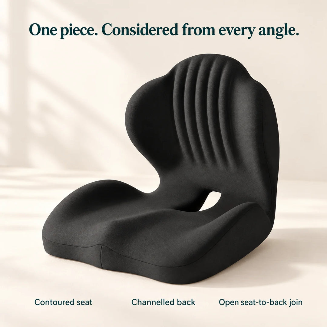 One-piece Easevora cushion with a contoured seat, channelled back and open seat-to-back join.