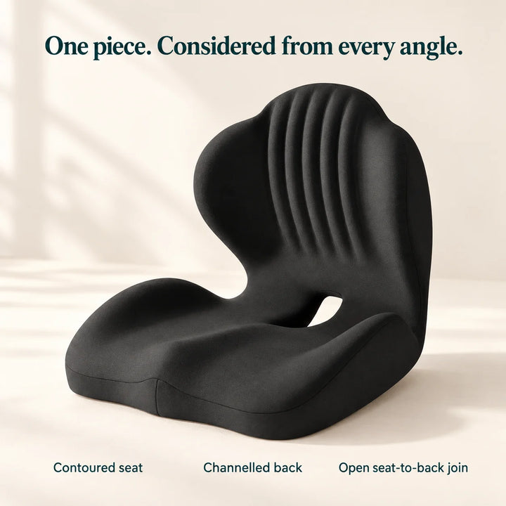 One-piece Easevora cushion with a contoured seat, channelled back and open seat-to-back join.