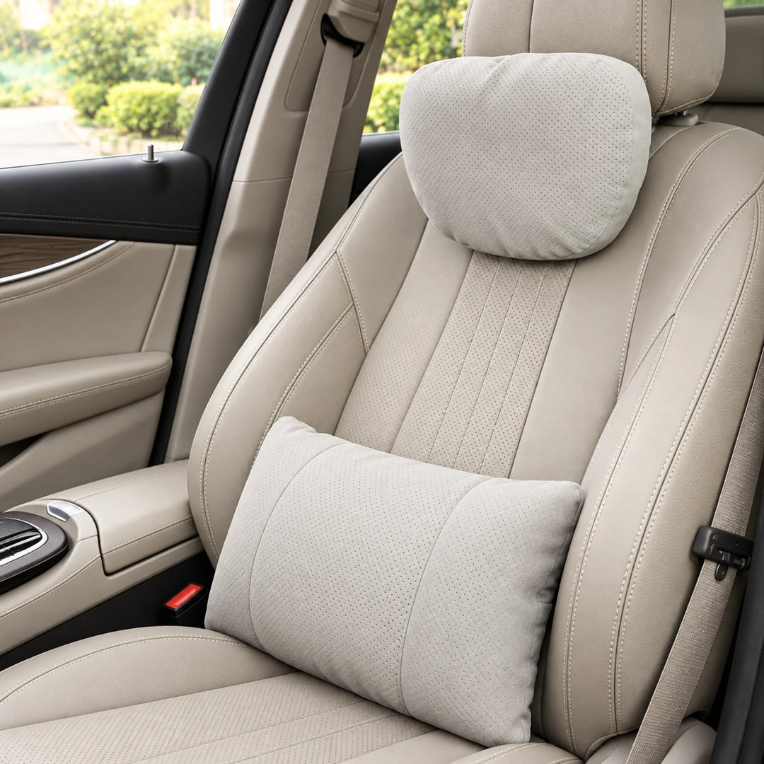 Perforated car cushions — White headrest and lumbar pair