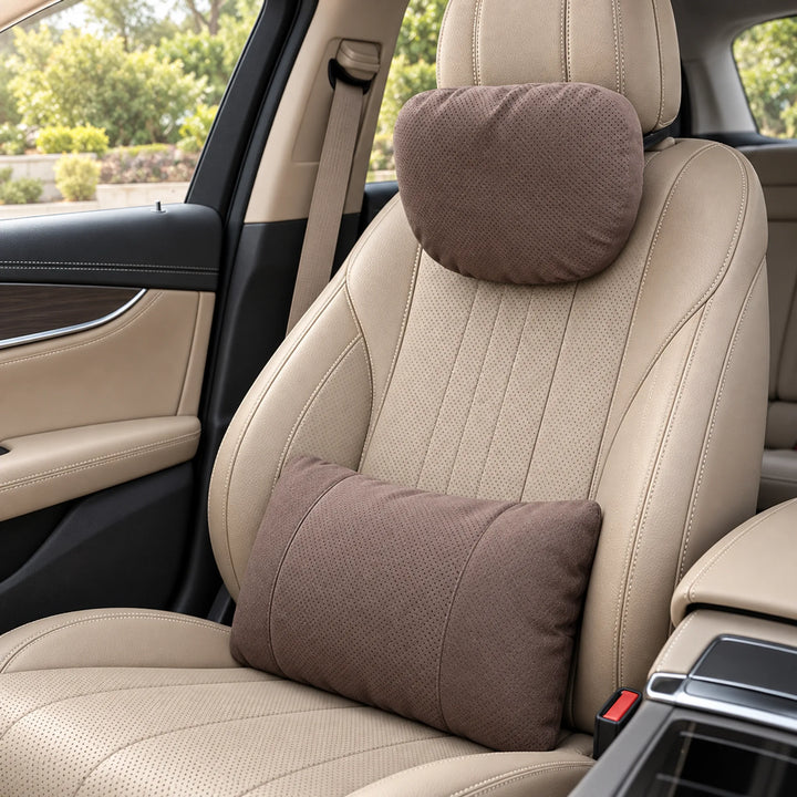 Perforated car cushions — Brown headrest and lumbar pair
