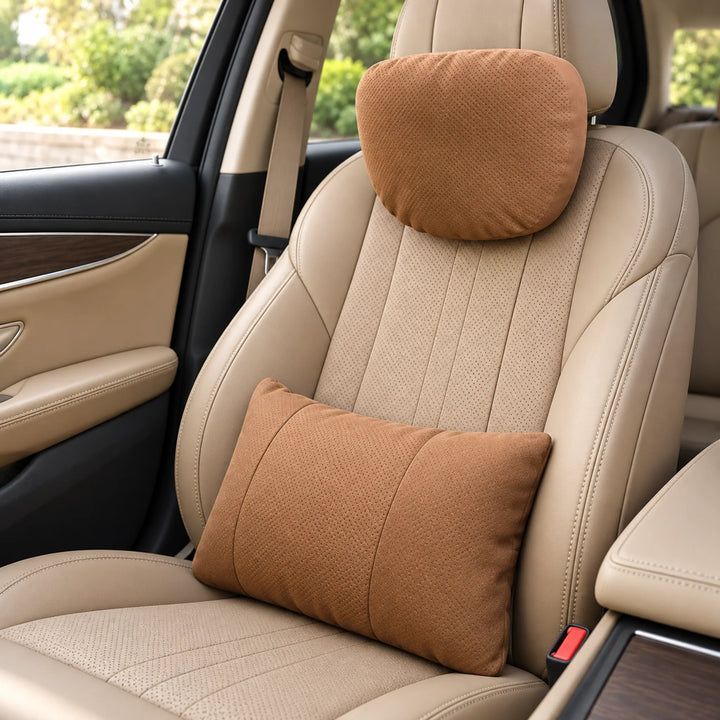 Perforated car cushions — Tan headrest and lumbar pair