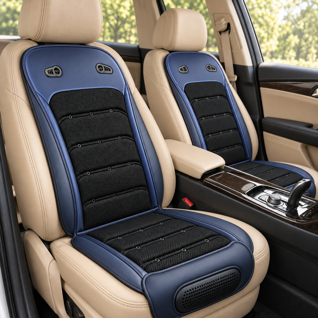 Ventilated car seat pads — blue pair