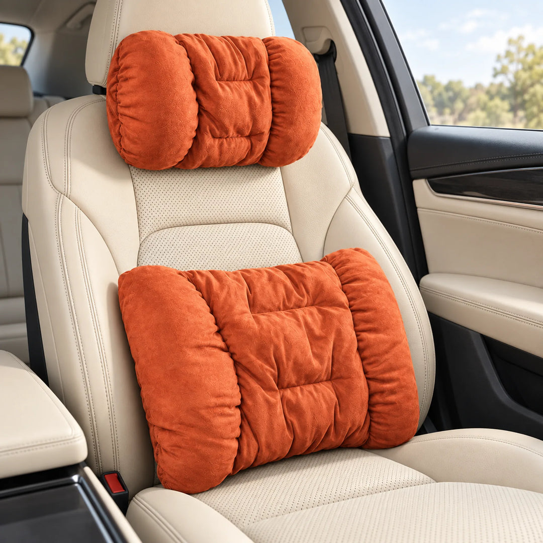 Plush car cushions — Orange headrest and lumbar set