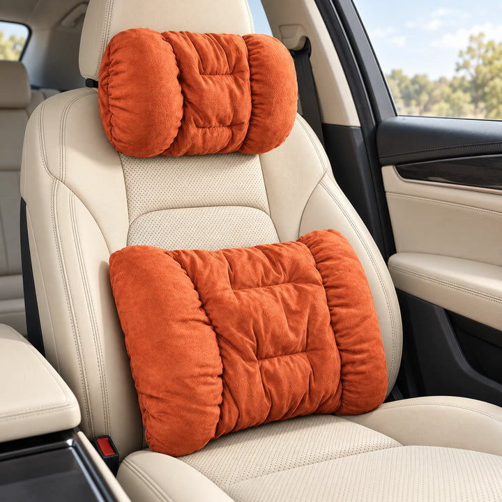 Plush car cushions — Orange headrest and lumbar set