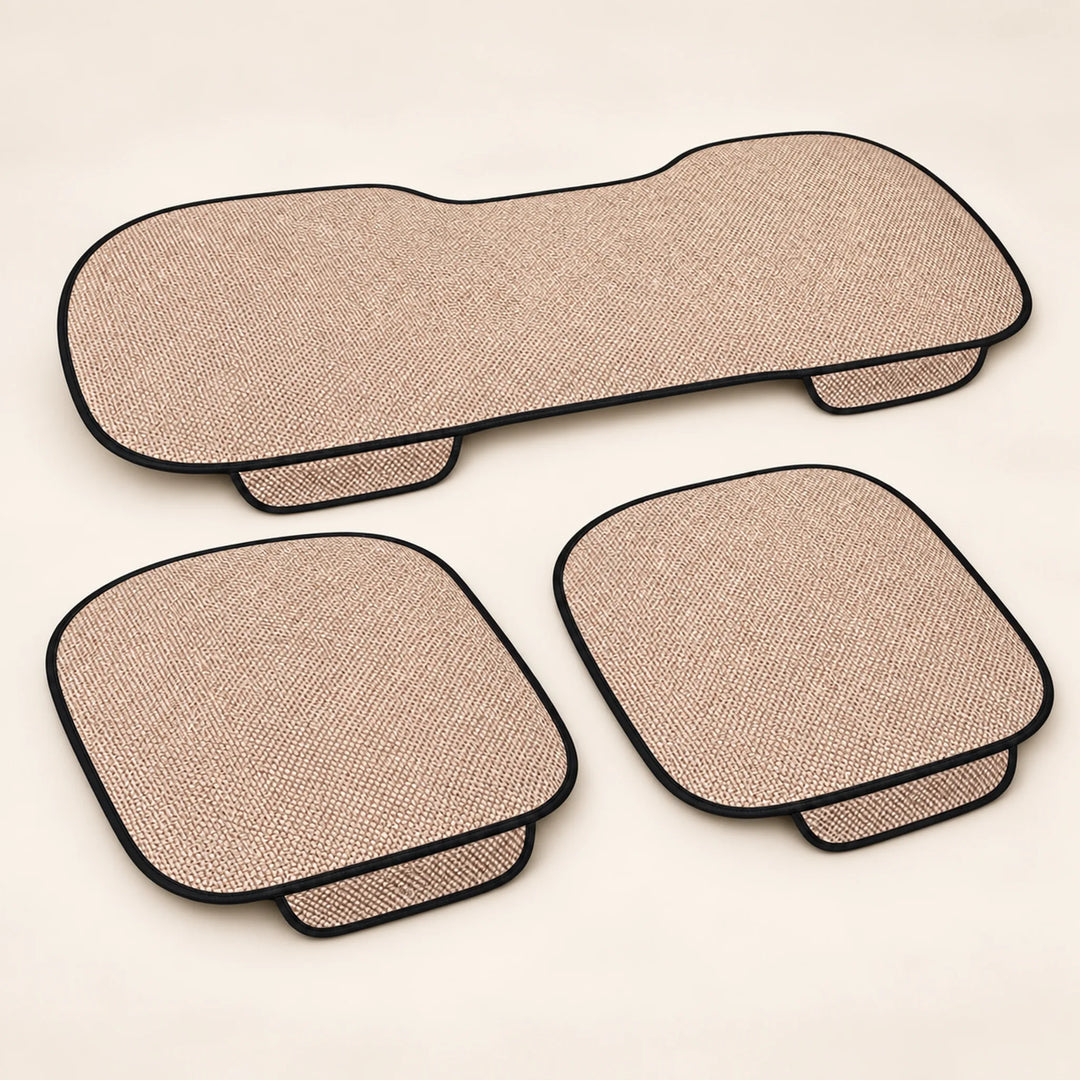 Beige woven car seat pad set — two front pads and one rear-bench pad