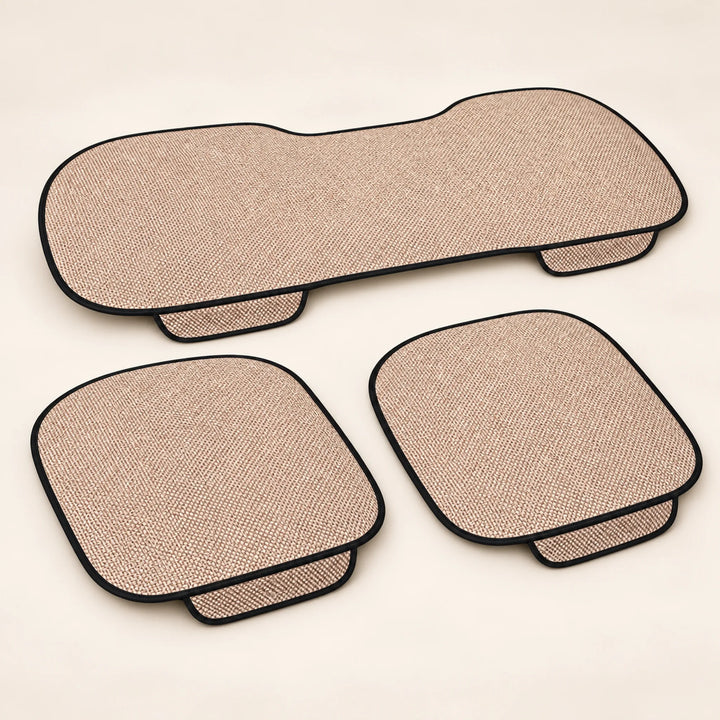 Beige woven car seat pad set — two front pads and one rear-bench pad