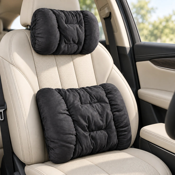 Plush car cushions — Black headrest and lumbar set