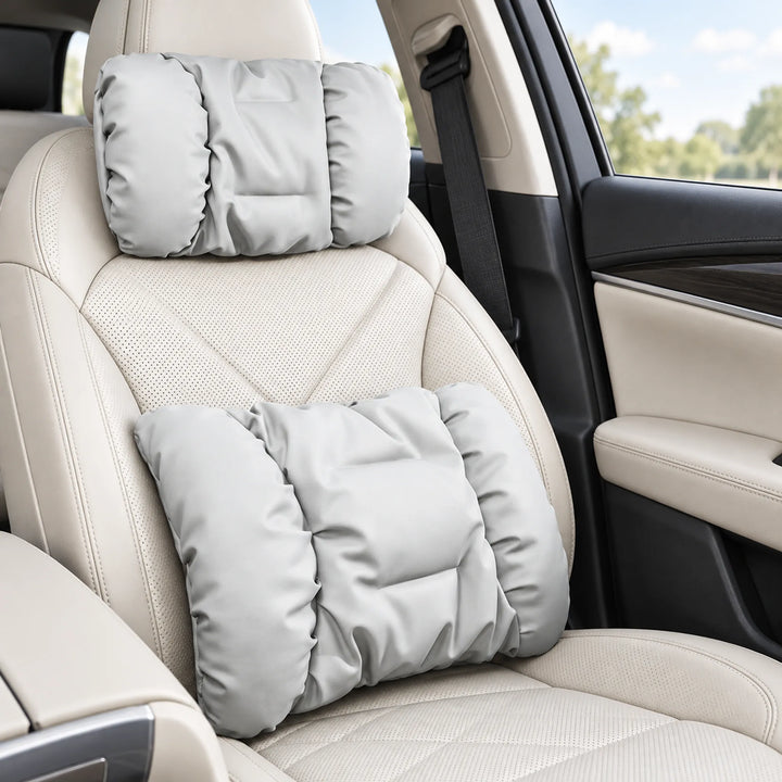 Plush car cushions — Gray headrest and lumbar set