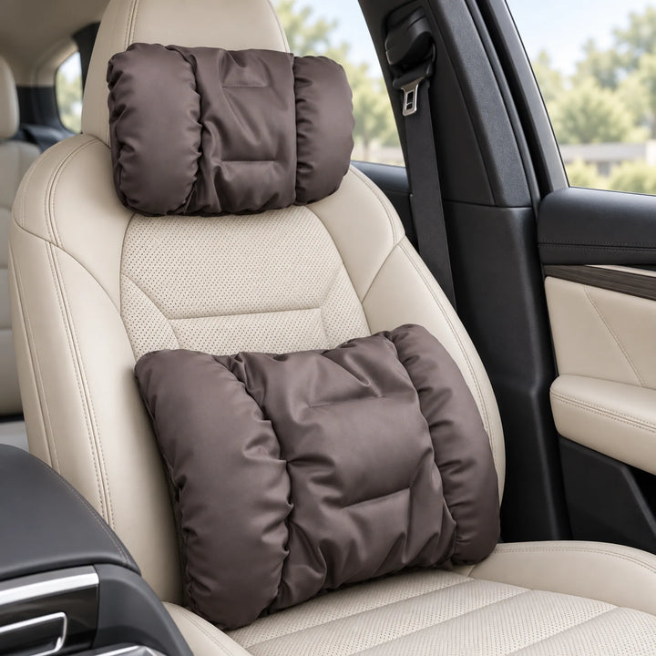 Plush car cushions — Brown headrest and lumbar set