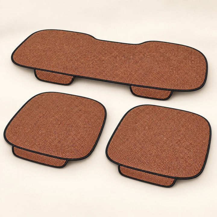 Brown woven car seat pad set — two front pads and one rear-bench pad