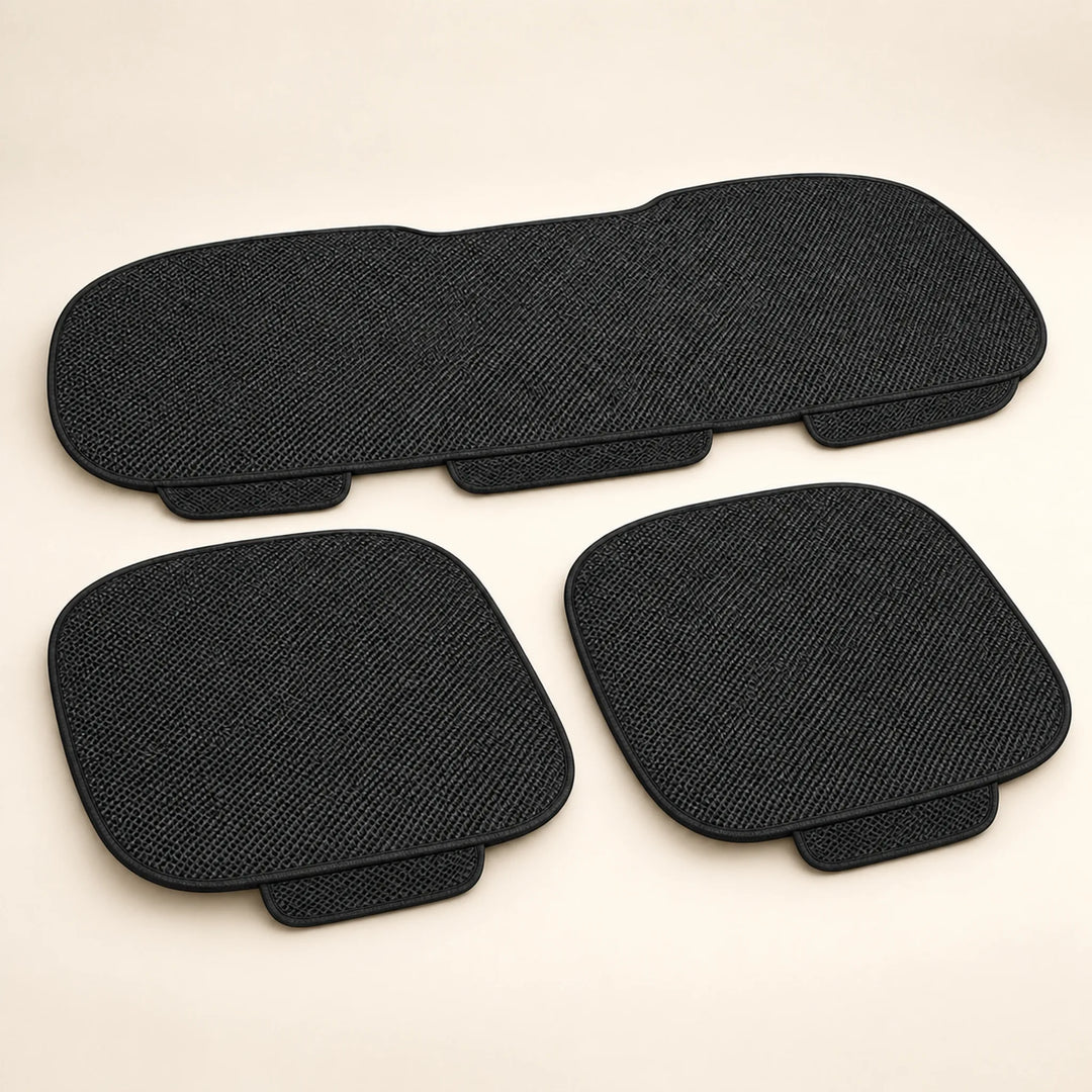 Black woven car seat pad set — two front pads and one rear-bench pad