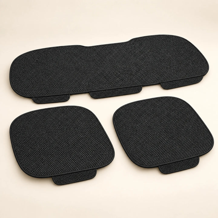 Black woven car seat pad set — two front pads and one rear-bench pad