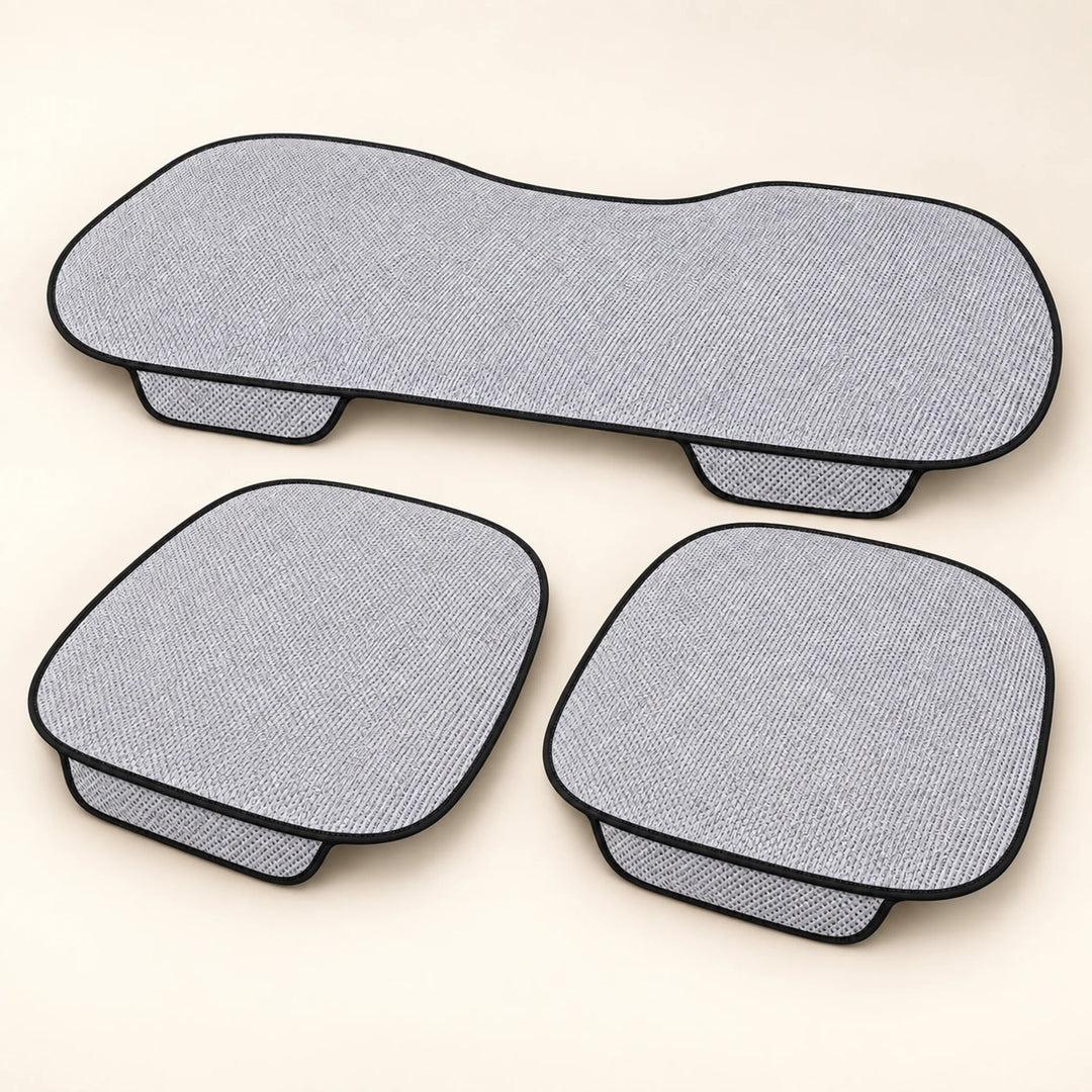 Gray woven car seat pad set — two front pads and one rear-bench pad
