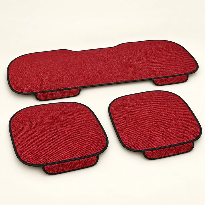 Red woven car seat pad set — two front pads and one rear-bench pad