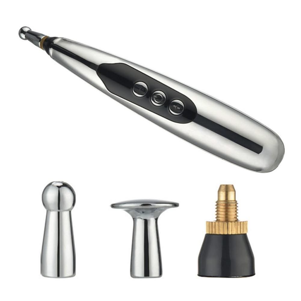 Silver rechargeable acupoint massage pen with three buttons and three interchangeable metal massage heads.