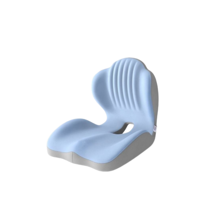 Blue Easevora cushion with a contoured seat, integrated backrest and rear opening.