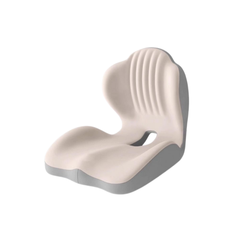 Beige and gray two-tone Easevora cushion with a contoured seat, integrated backrest and rear opening.