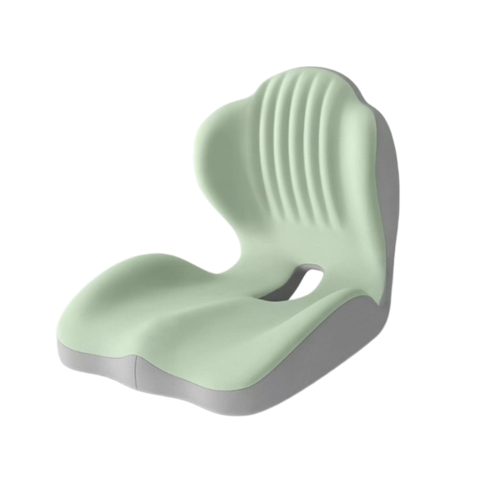 Green and gray two-tone Easevora cushion with a contoured seat, integrated backrest and rear opening.