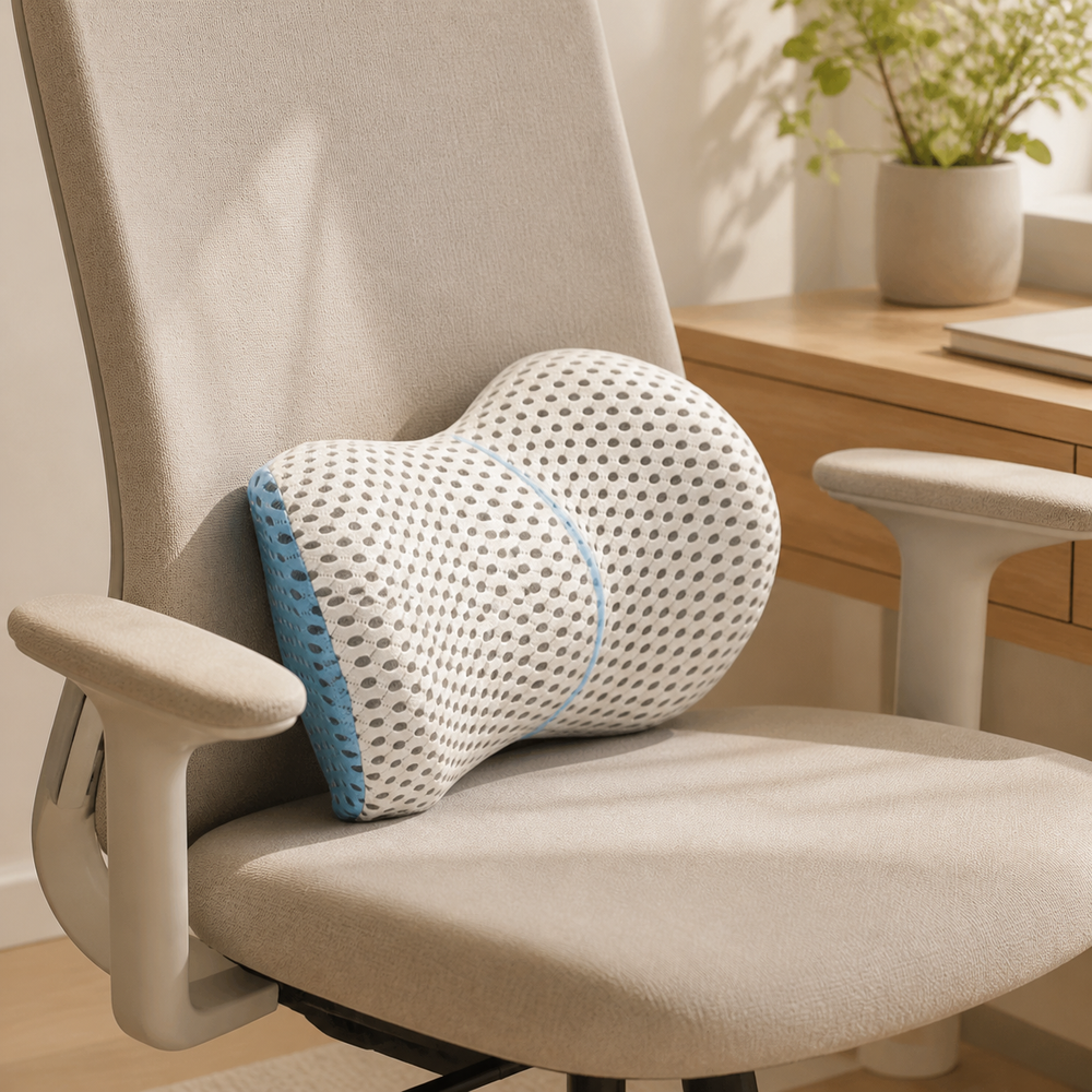 White mesh-textured lumbar support cushion on an oatmeal office chair