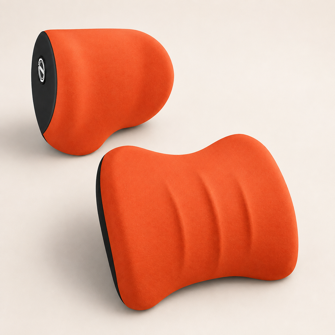 One orange neck pillow and one orange lumbar cushion shown as two separate pieces