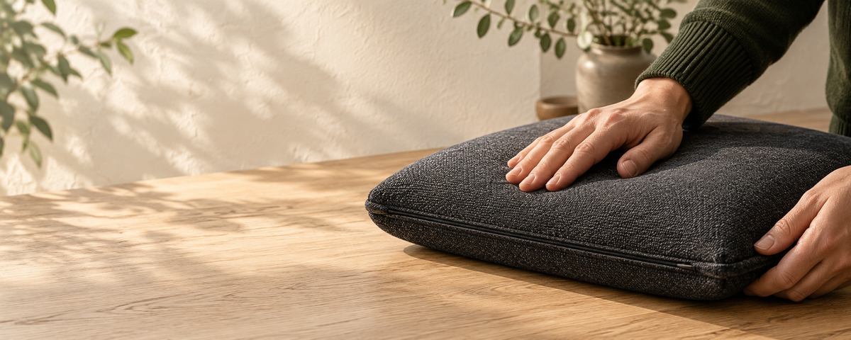 A close look at the woven fabric and finishing details of a charcoal cushion.