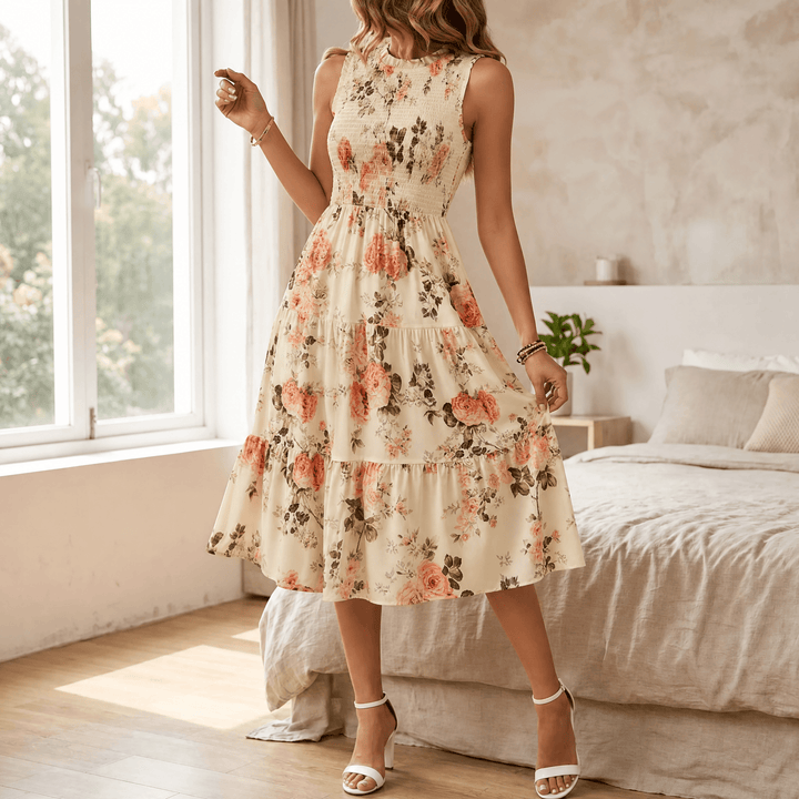 Smocked Floral Midi Dress — View 11 | Clova