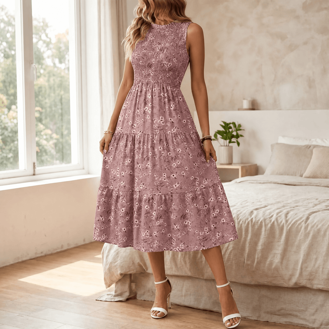 Smocked Floral Midi Dress — View 13 | Clova