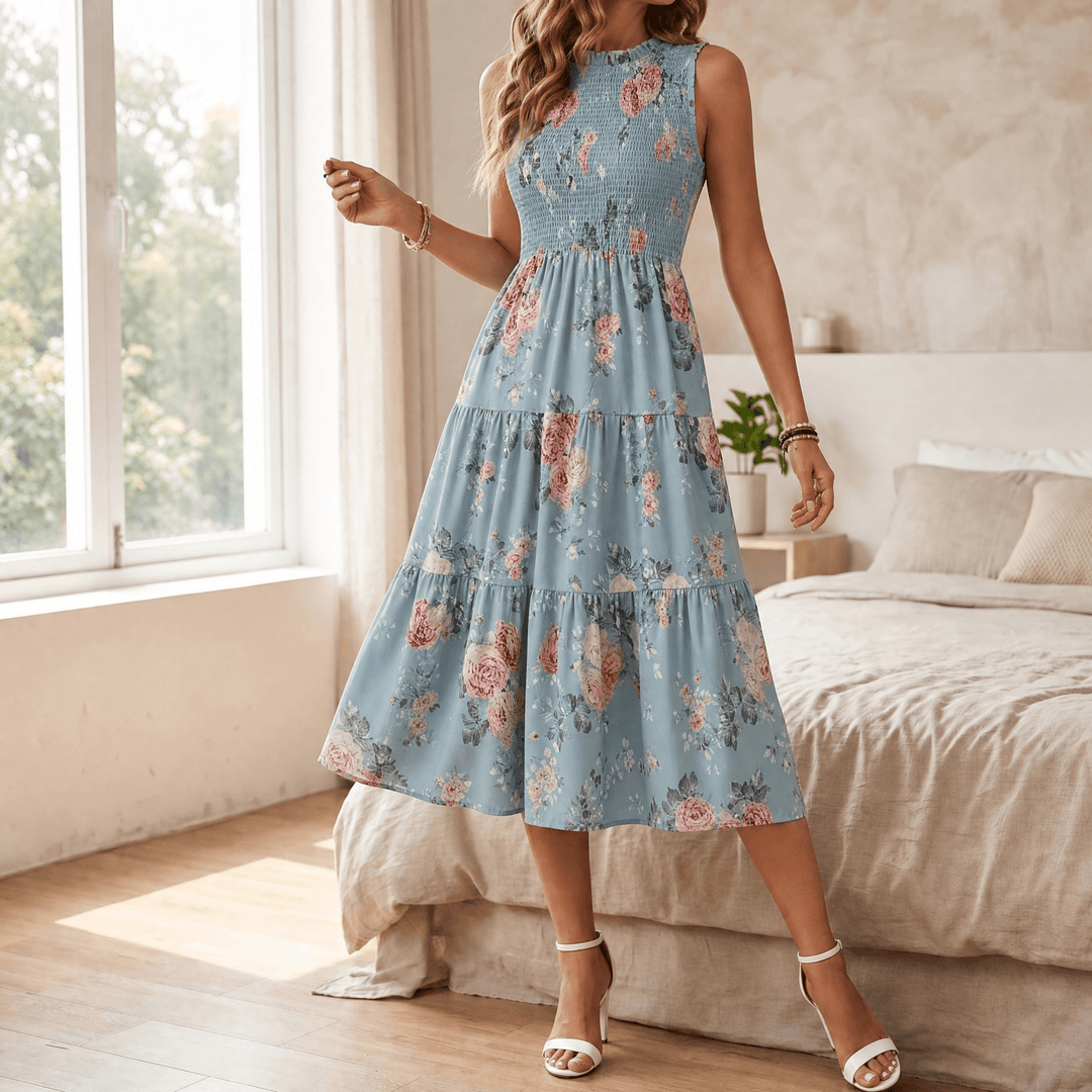 Smocked Floral Midi Dress — View 14 | Clova