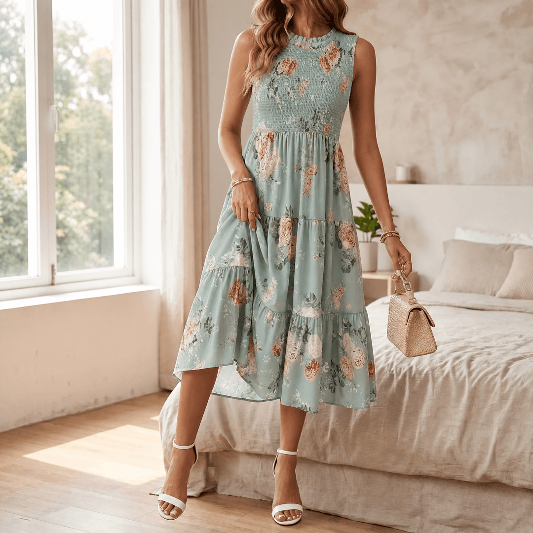 Smocked Floral Midi Dress — View 15 | Clova
