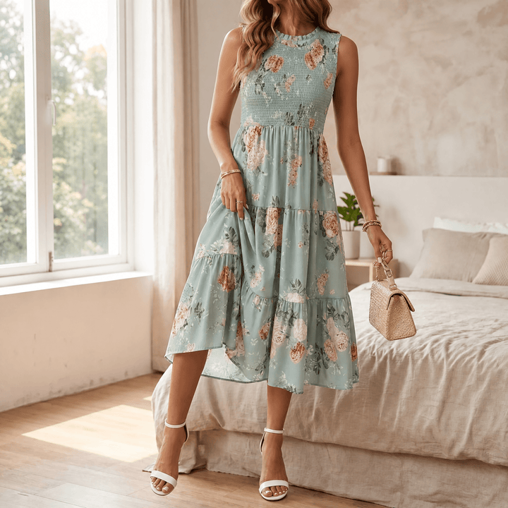 Smocked Floral Midi Dress — View 15 | Clova