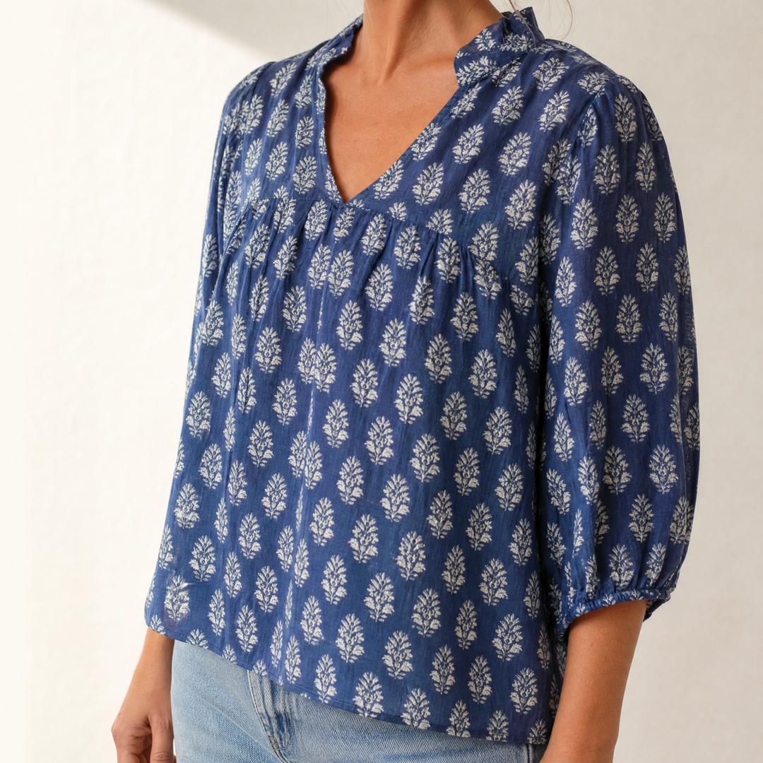 Block-Print V-Neck Summer Blouse | Clova Women's Fashion