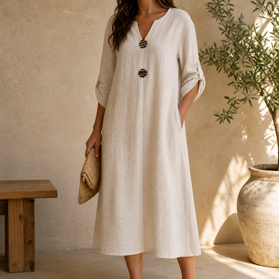 Flowy V-Neck Midi Dress with Wooden Buttons | Clova Women's Fashion