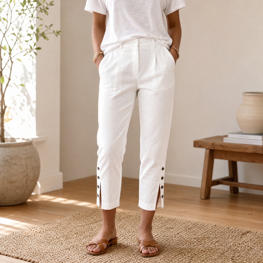 Button-Hem Cropped Cotton Pants | Clova Women's Fashion