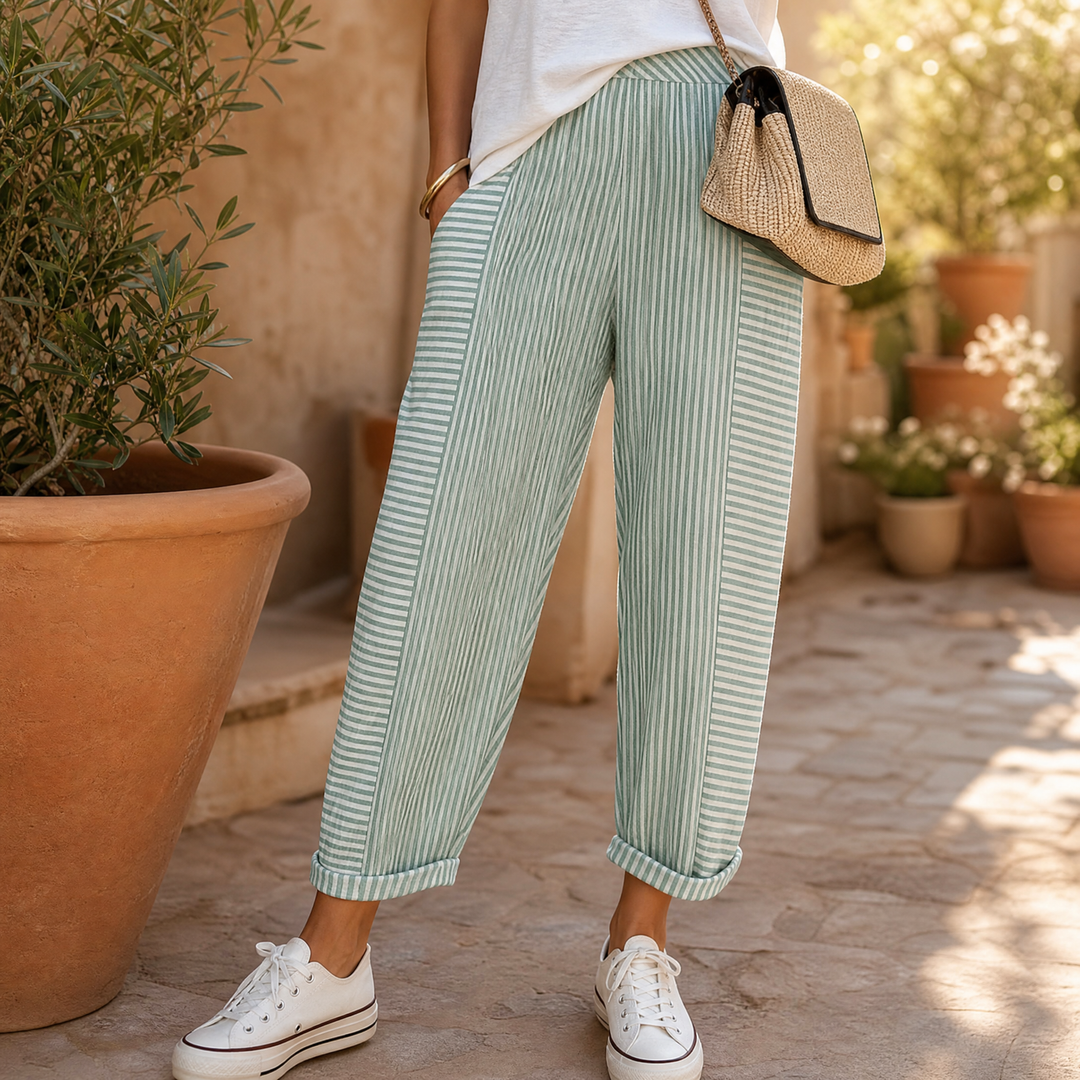Striped Linen Pants with Elastic Waist | Clova Women's Fashion