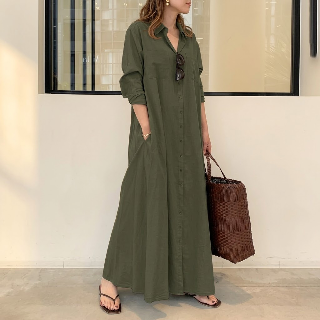 Effortless Maxi Shirt Dress with Pockets | Clova Women's Fashion