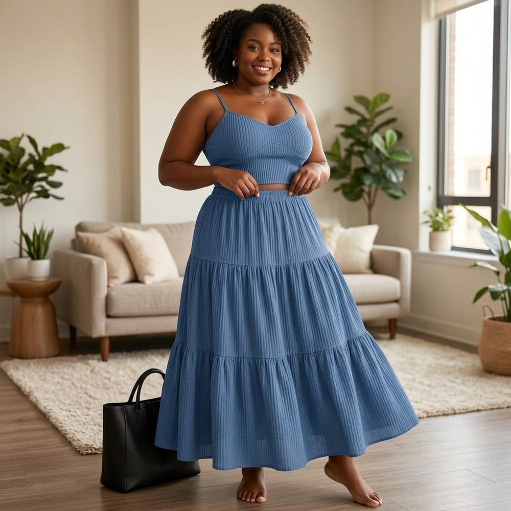 Solavie Tiered Maxi Skirt & Cami Matching Set — View 2 | Clova