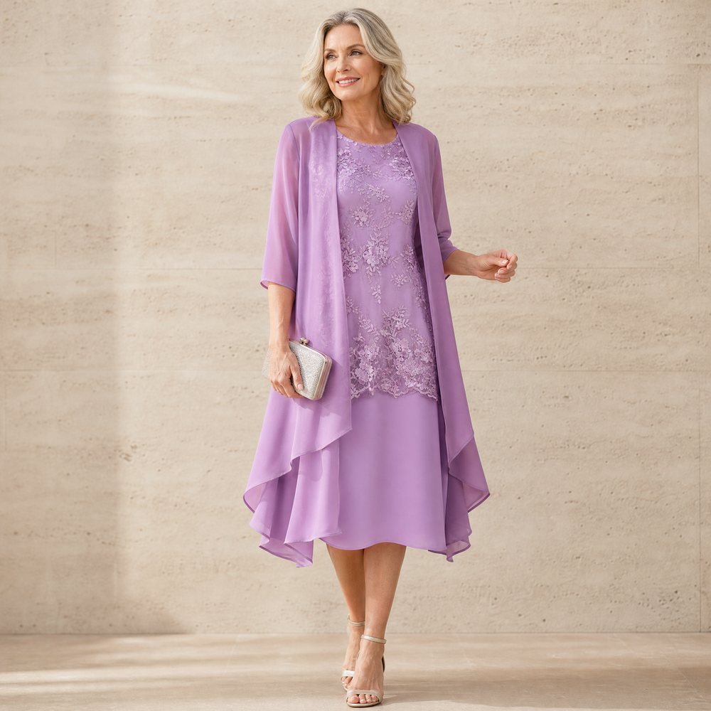 Lunavia Floral Lace Dress Set with Chiffon Shawl — View 2 | Clova