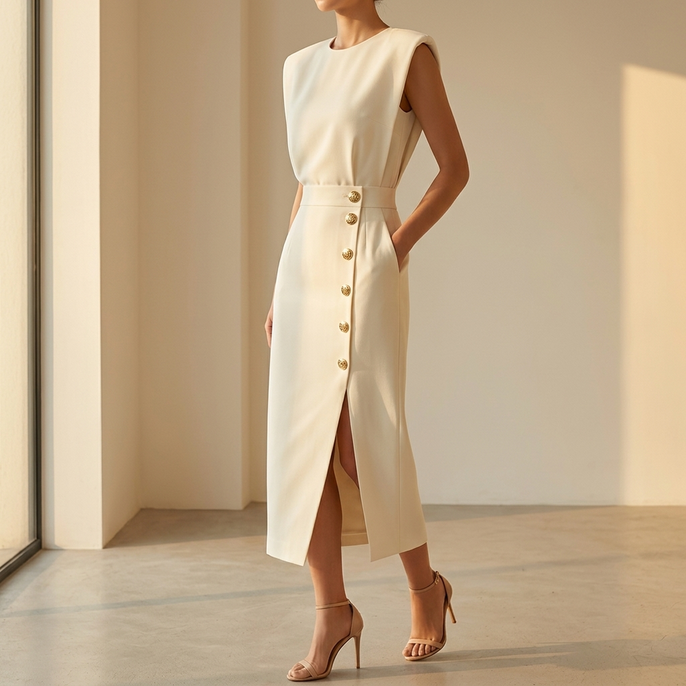 Velora Gold-Button Slit Midi Dress for Work and Evening — View 7 | Clova