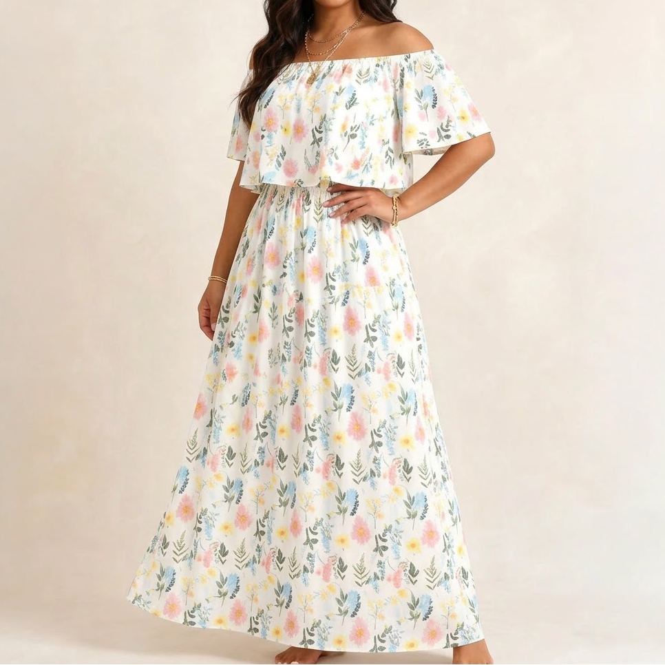 Off-Shoulder Floral Maxi Dress with Hidden Pockets | Clova Women's Fashion