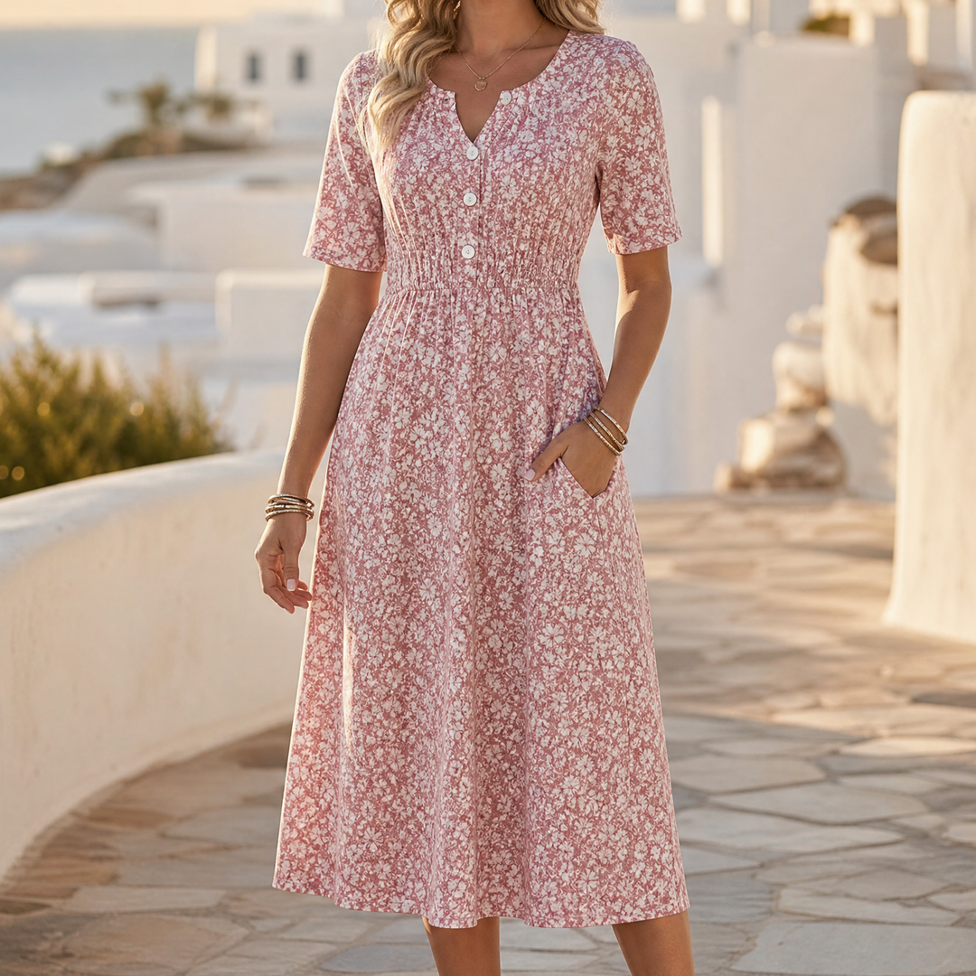 Soléra - Floral V-Neck Midi Dress with Pockets | Clova Women's Fashion