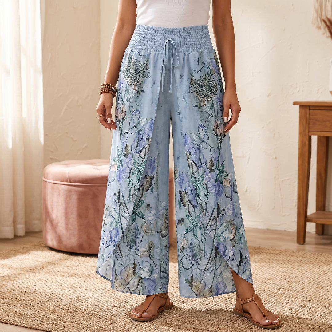 Boho Floral Wide-Leg Pants with Split Front | Clova Women's Fashion