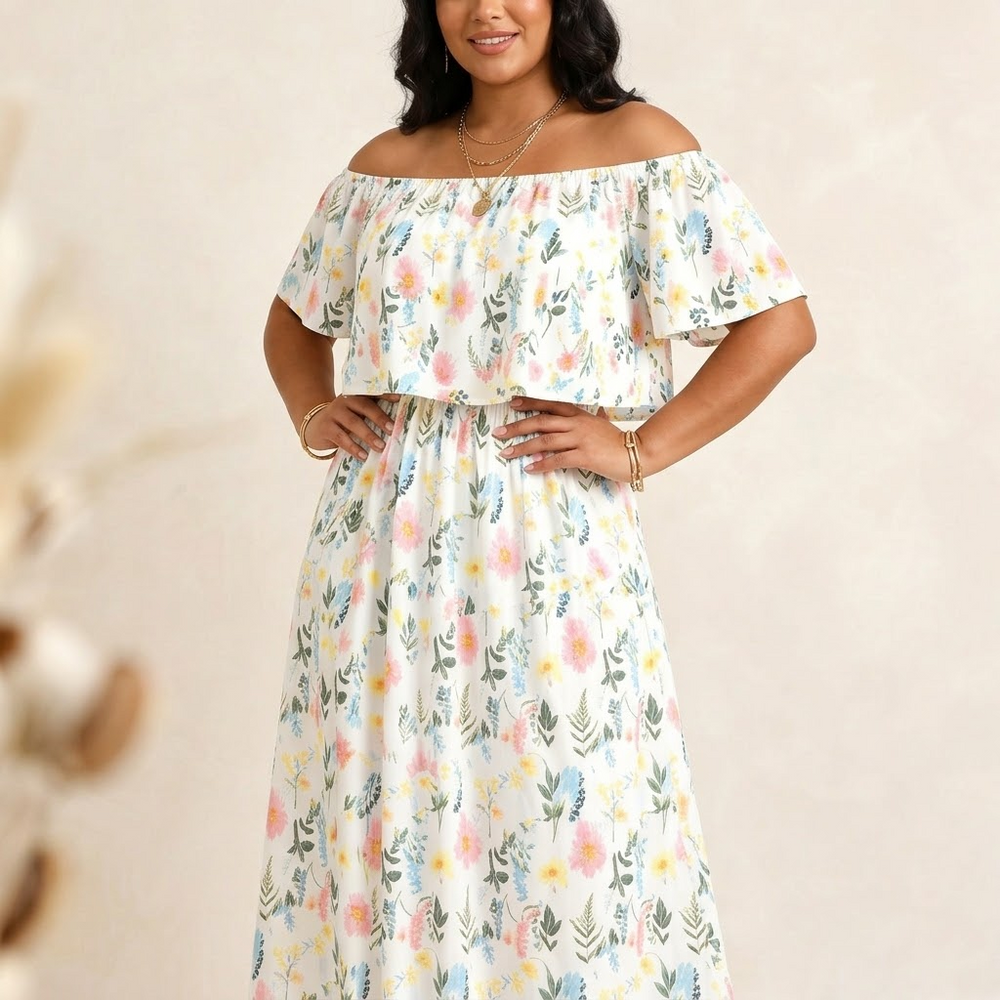Off-Shoulder Floral Maxi Dress with Hidden Pockets — View 2 | Clova