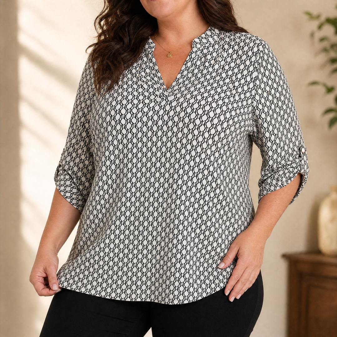 Lunavia Geometric V-Neck Blouse with Roll-Tab Sleeves | Clova Women's Fashion