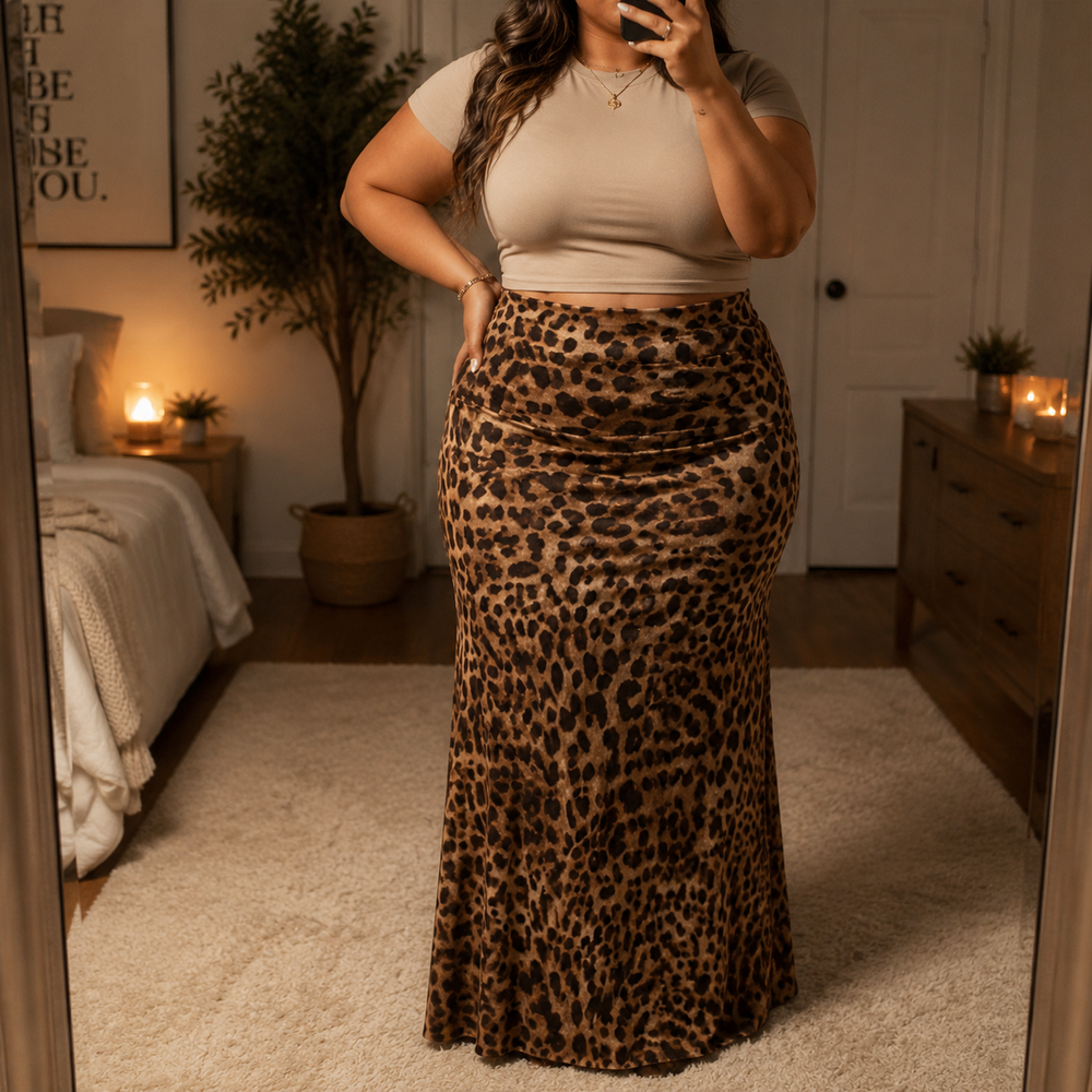 Curvy-Fit Leopard Print Maxi Skirt — View 2 | Clova