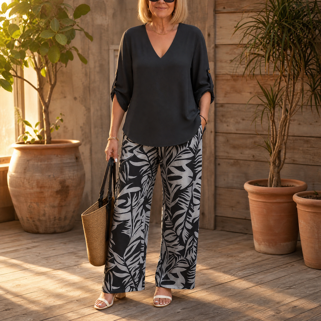 V-Neck Top & Leaf-Print Wide-Leg Pants Set | Clova Women's Fashion