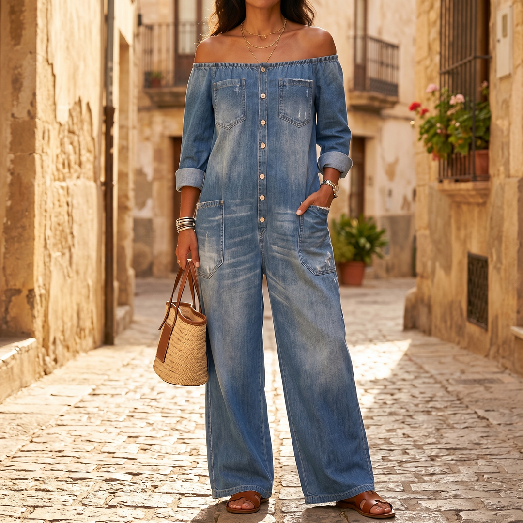 Soluna Off-Shoulder Wide Leg Denim Jumpsuit | Clova Women's Fashion