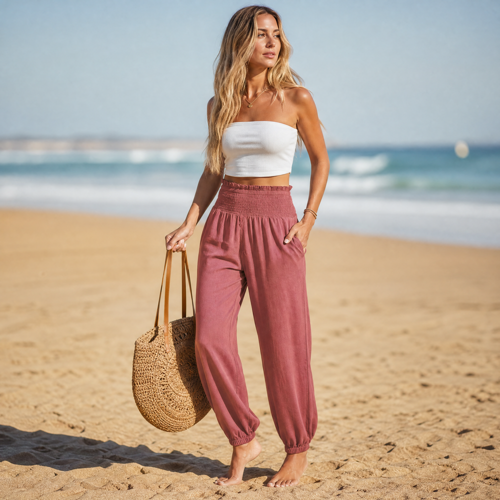 Smocked High-Waist Summer Pants — View 2 | Clova