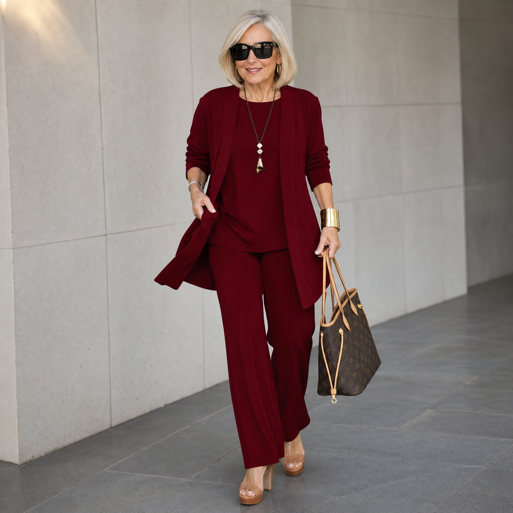 Maevelle Elegant 3-Piece Set with Drape Cardigan — View 2 | Clova